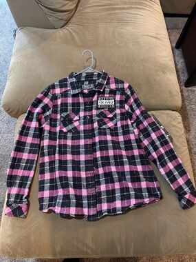 Pink & Black Plaid Button-Down Shirt with Patch